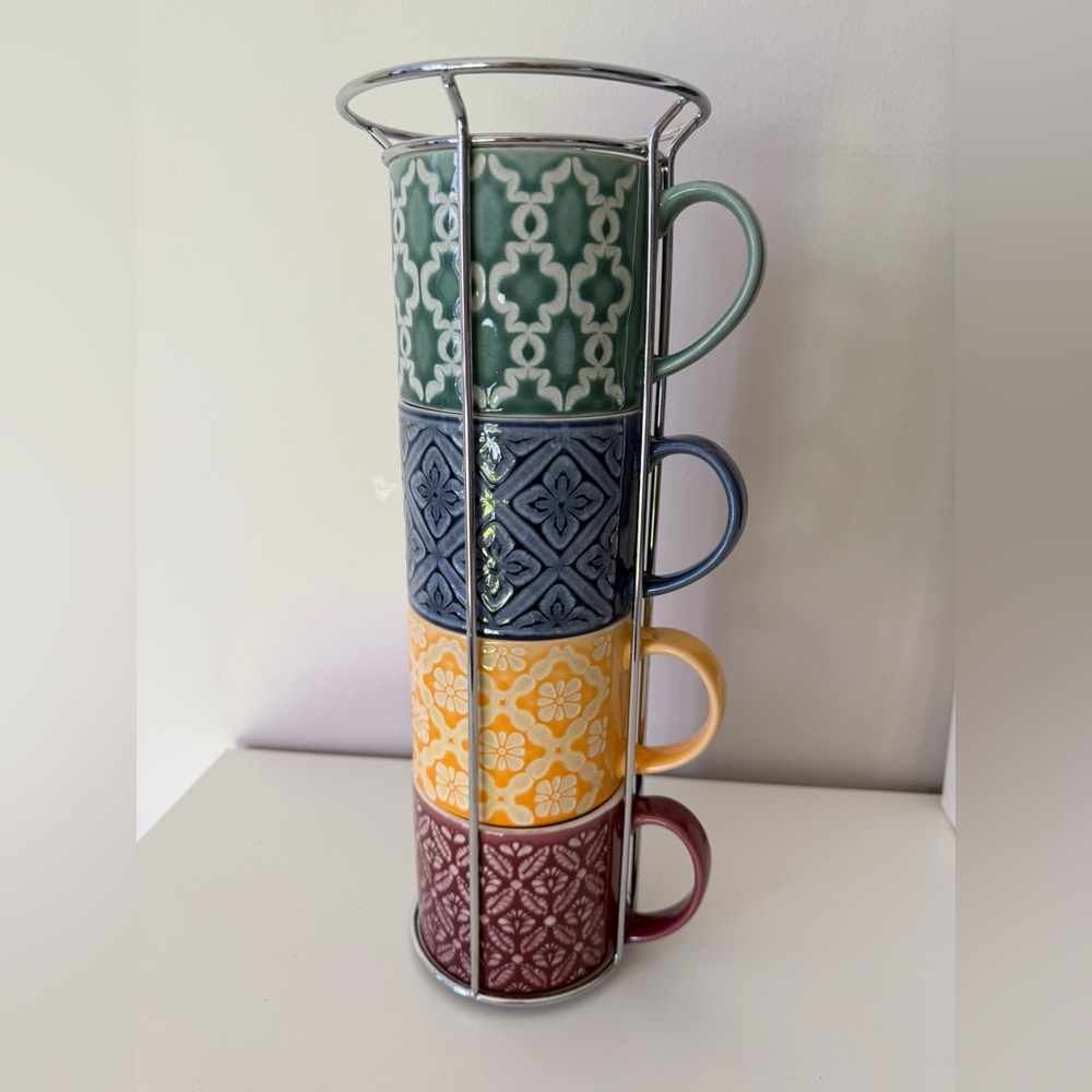 Over and Back Stoneware Mug Set of 4 with Metal Stand Multicolor - Picture 2 of 4